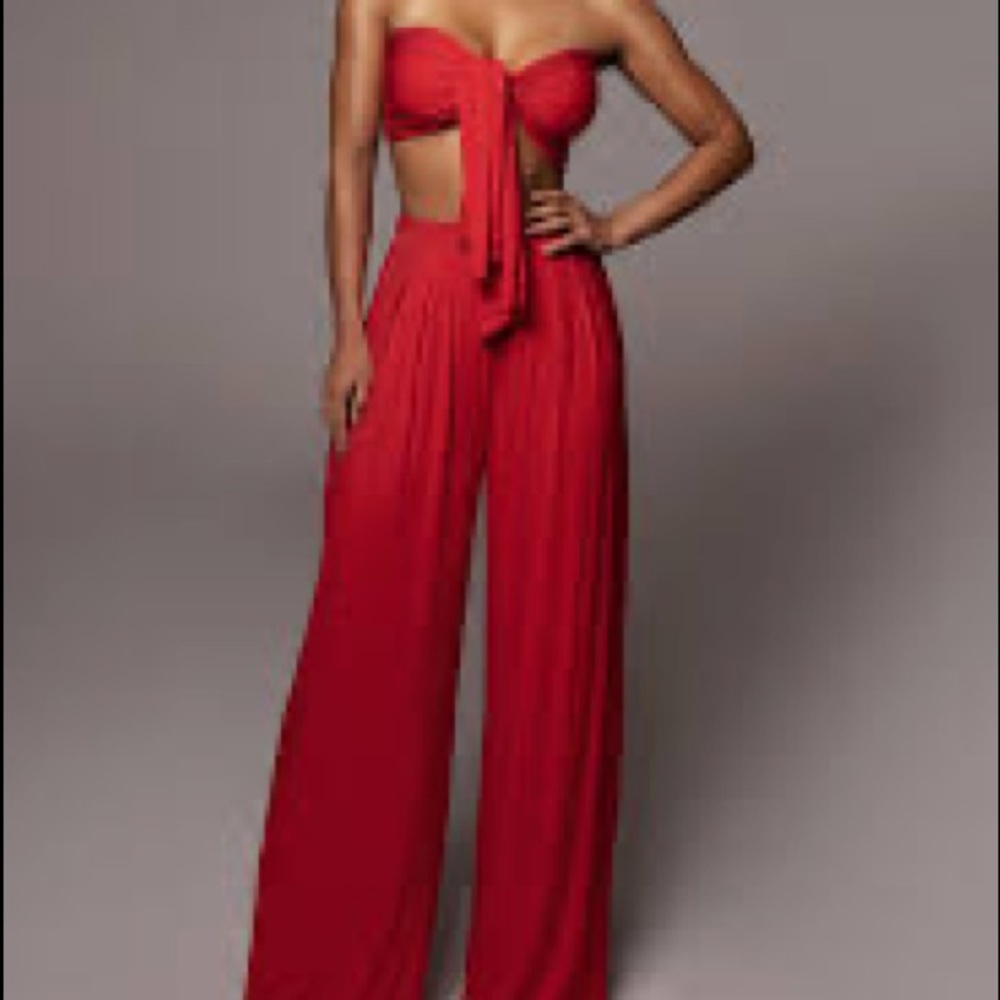 Red two piece set-bandeau top with wide leg bottom